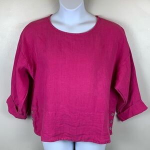 Bryn WALKER 100% Linen 3/4 Sleeve Top‎ Pink Size M oversized Boxy Side Buttons